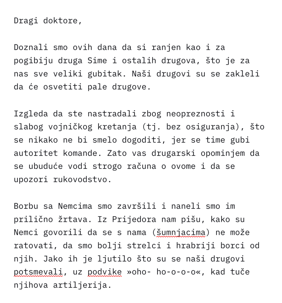 Pismo Doktoru Mladenu od komadanta Obrad Stišovića